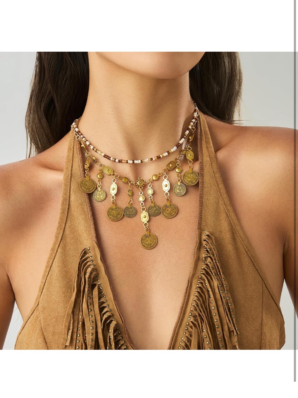 Anthropologie Gold Coin Fringe Layered Necklace with Beaded Choker - Picture 7 of 9